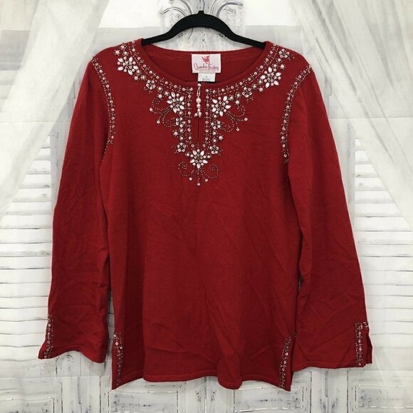 Quacker Factory Small Red Pearls Sweater Sequin Zip Embellished Long Sleeve - Picture 9 of 9